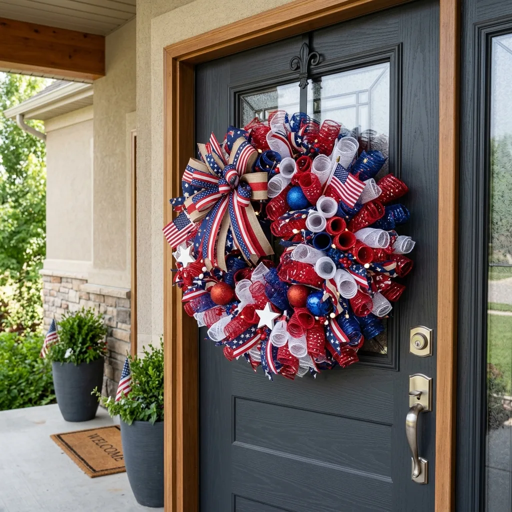 Mesh ribbon Fourth of July wreath on a front door